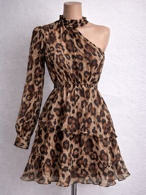 Rachel Zoe Leopard One Shoulder Dress Silk Blend S New